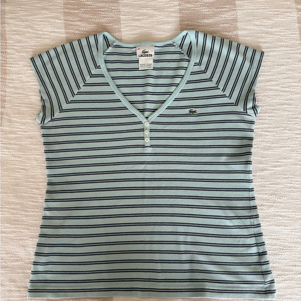 Lacoste Blue and Black Striped V-Neck Shirt. Fr 38/ US Small.